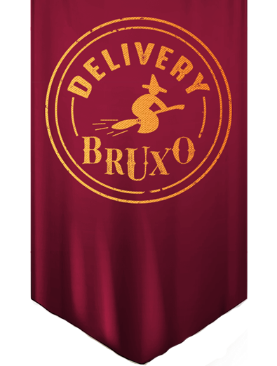 Banner vermelho com o texto delivery bruxo escrito em dourado