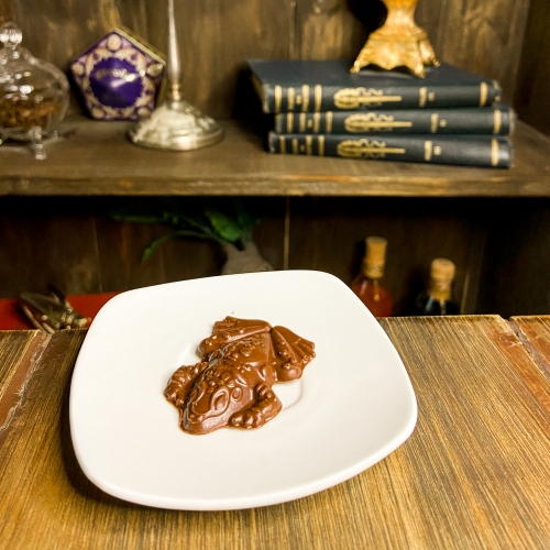 Um prato branco com um sapinho de chocolate em cima